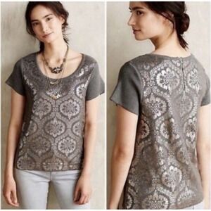 Anthropologie‎ Moth Drawing Room Foil Print Short Sleeve Cotton Sweater M